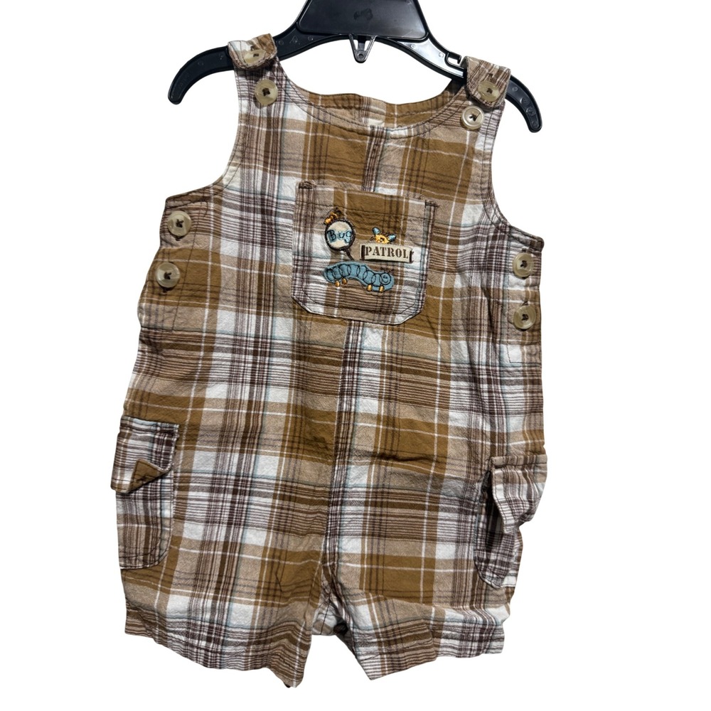 Vitamins Baby Shortalls Kids 9M Brown Plaid Bug Patrol Cotton Cargo Romper VTG‎